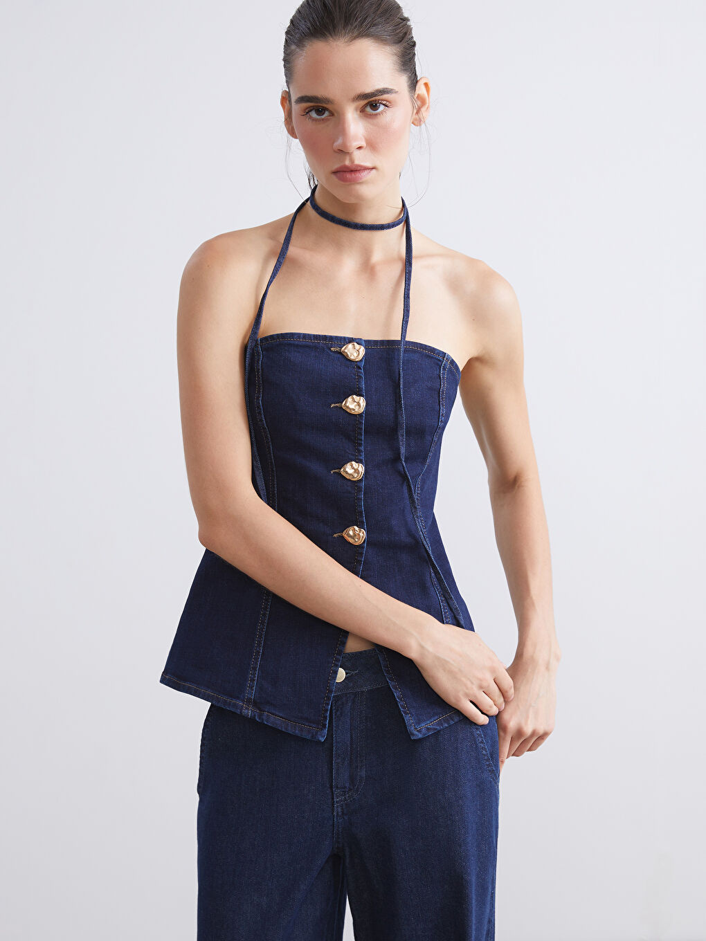 İndigo Straplez Yaka Jean Bluz