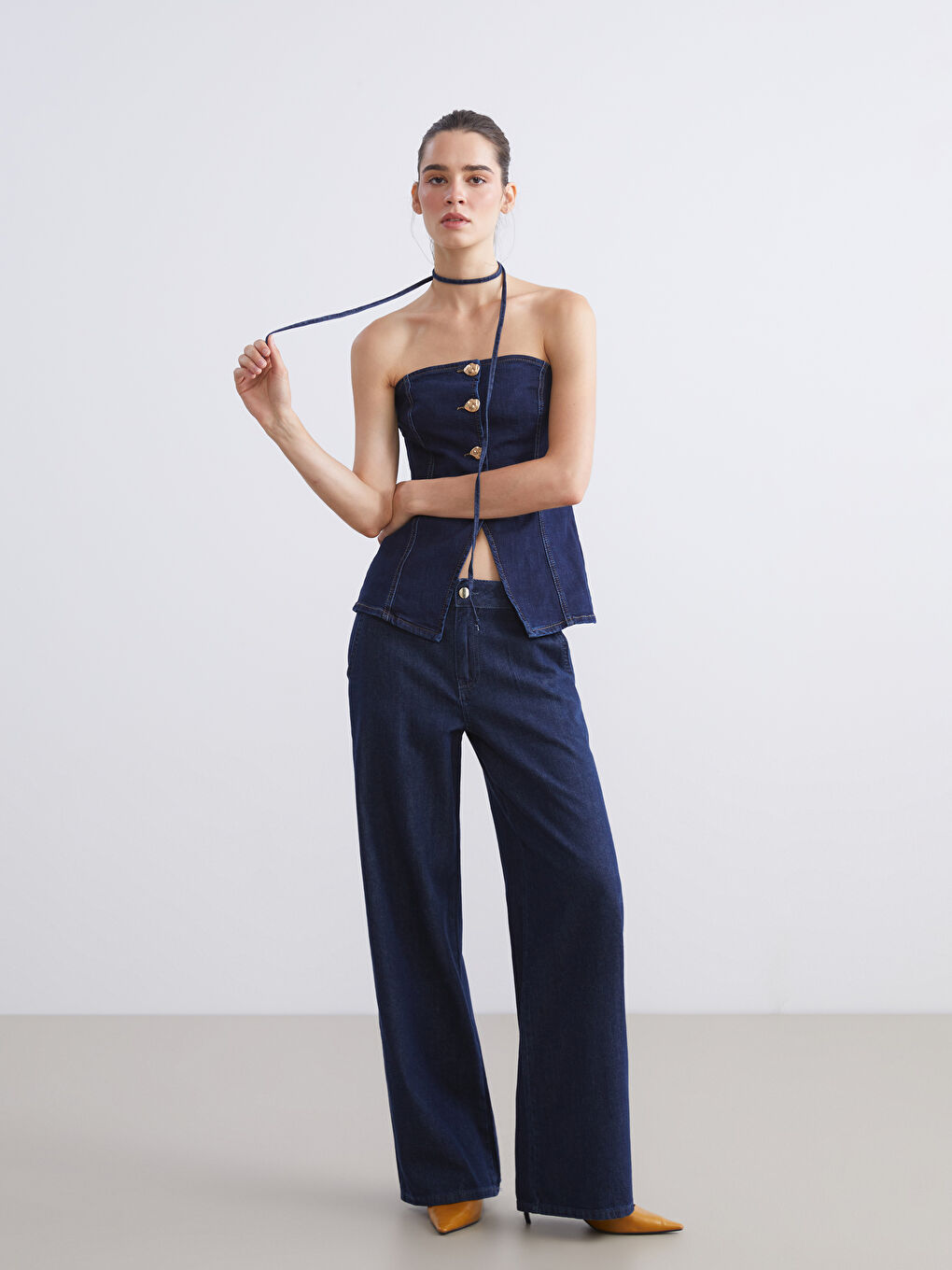 İndigo Straplez Yaka Jean Bluz-1