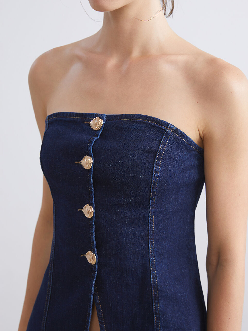 İndigo Straplez Yaka Jean Bluz-2