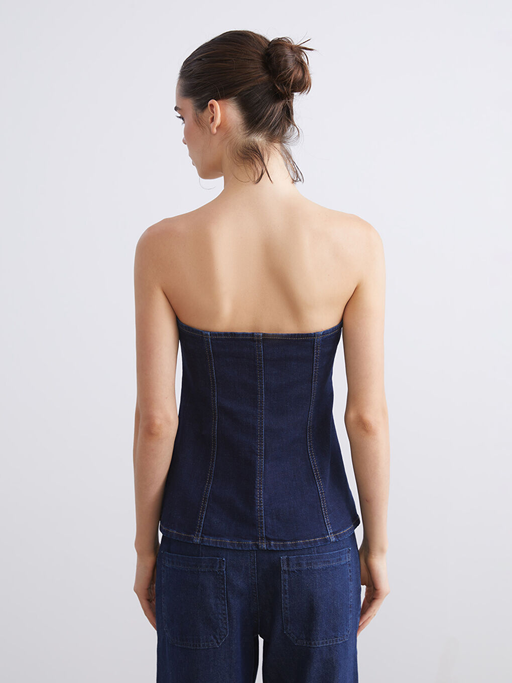 İndigo Straplez Yaka Jean Bluz-3