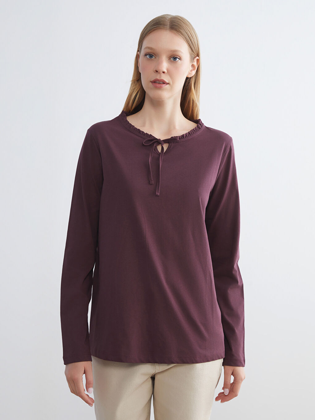 Mürdüm Fırfırlı Bağlamalı Yaka Bluz