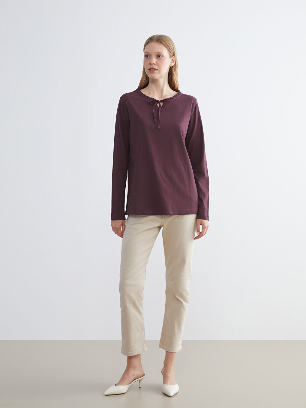 Mürdüm Fırfırlı Bağlamalı Yaka Bluz-1