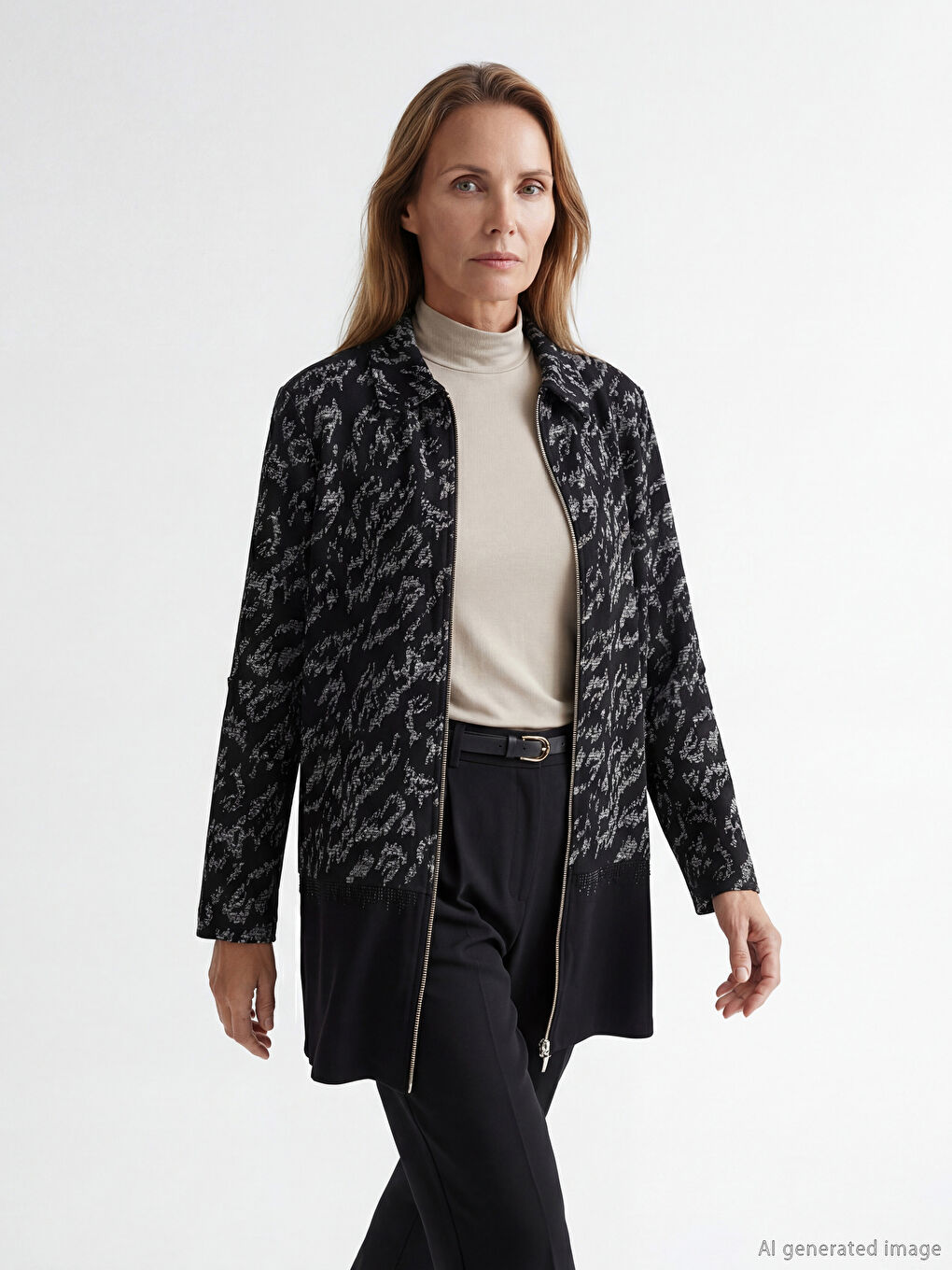 Siyah Polo Yaka Desenli Kadın Hırka