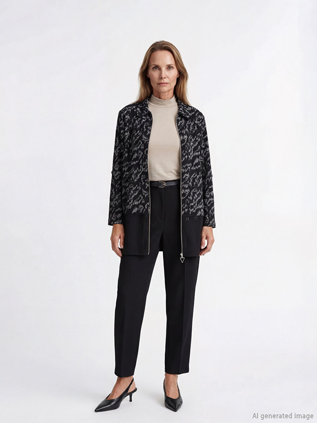 Siyah Polo Yaka Desenli Kadın Hırka-1