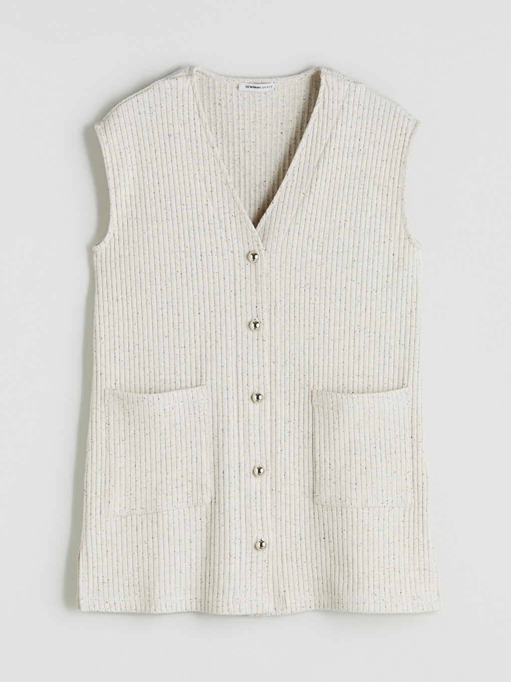 Ekru V Yaka Desenli Kadın Yelek-4