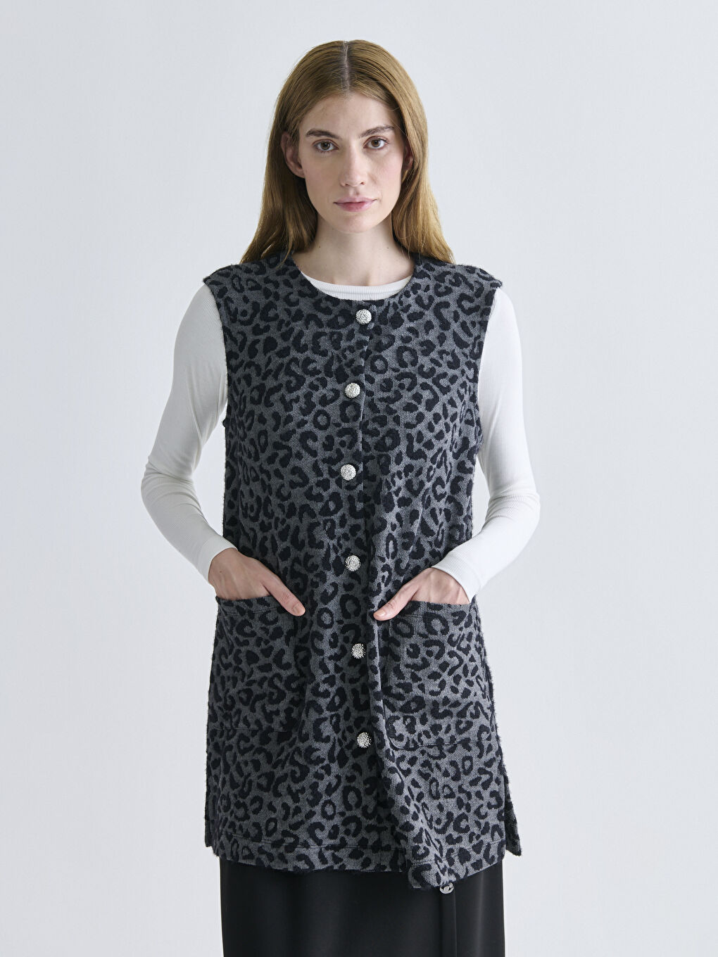 Siyah Bisiklet Yaka Desenli Kadın Yelek