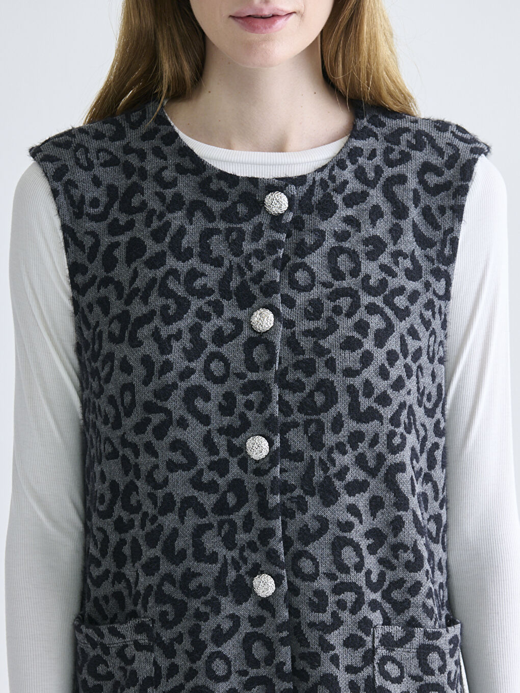 Siyah Bisiklet Yaka Desenli Kadın Yelek-2