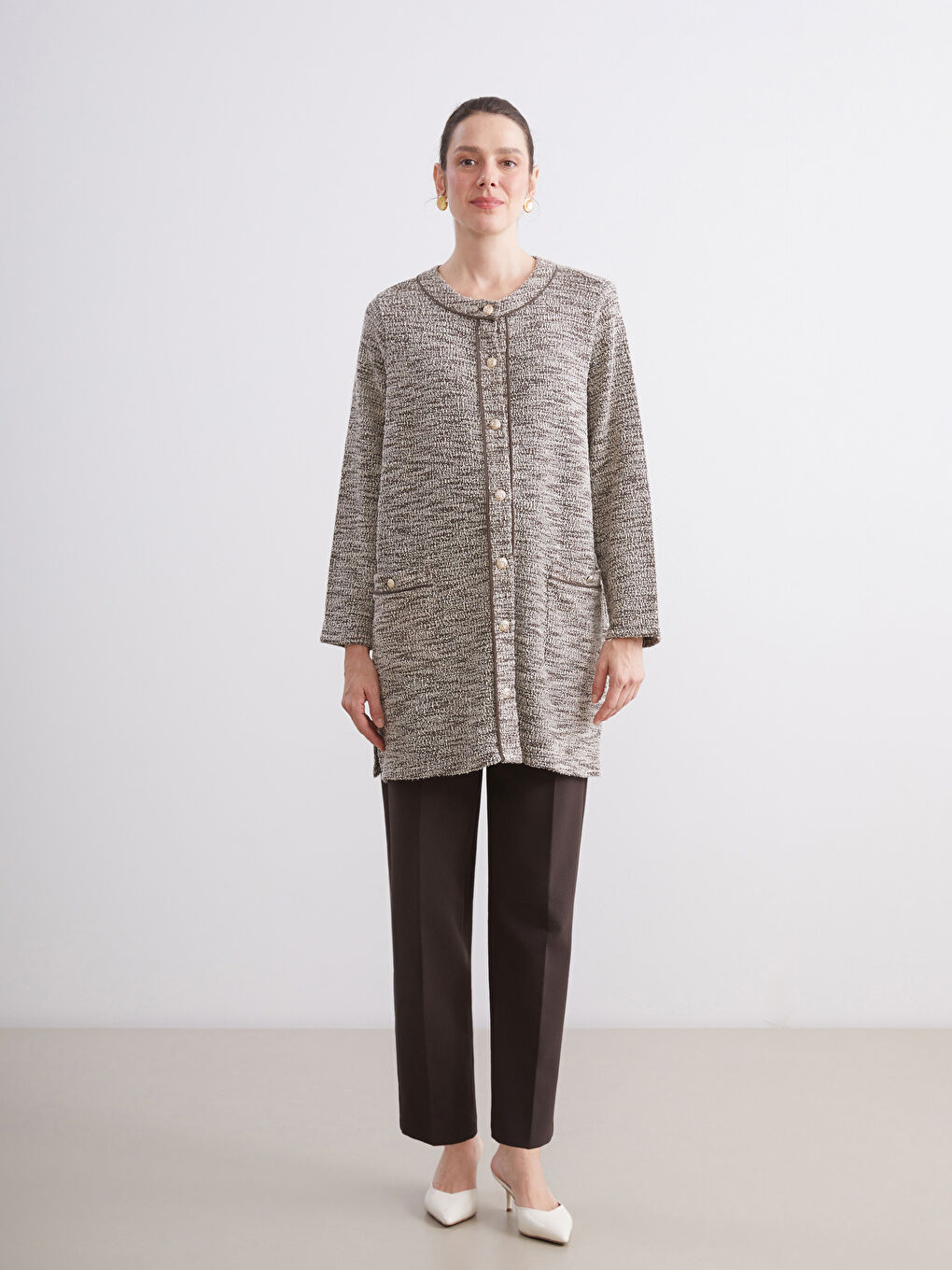 Kahverengi Bisiklet Yaka Kadın Triko Hırka-1