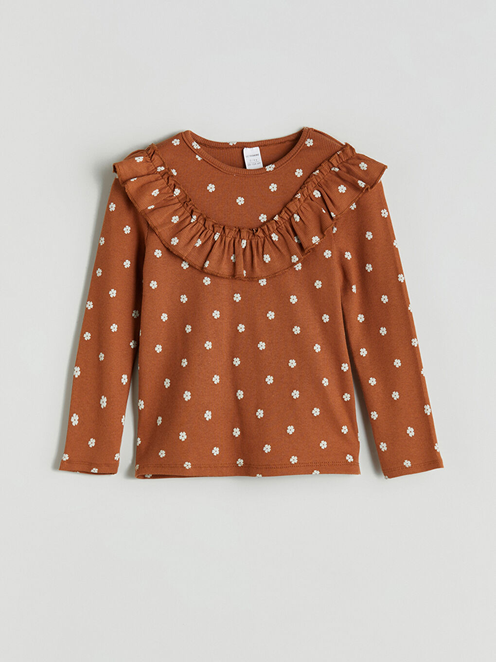 Kahverengi Bisiklet Yaka Çiçekli Kız Çocuk Tişört-2