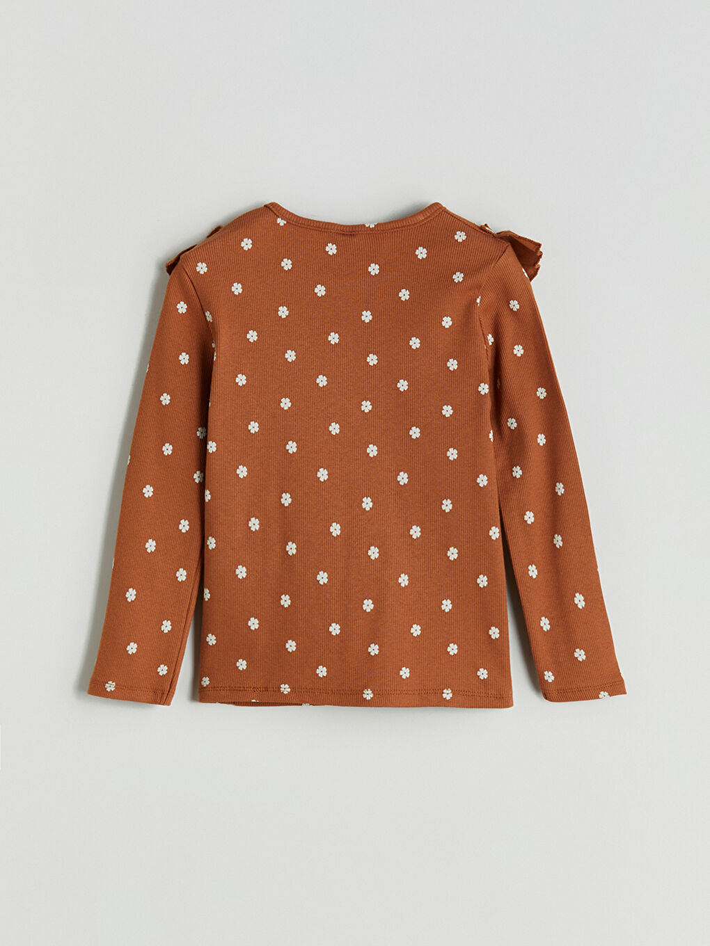 Kahverengi Bisiklet Yaka Çiçekli Kız Çocuk Tişört-4