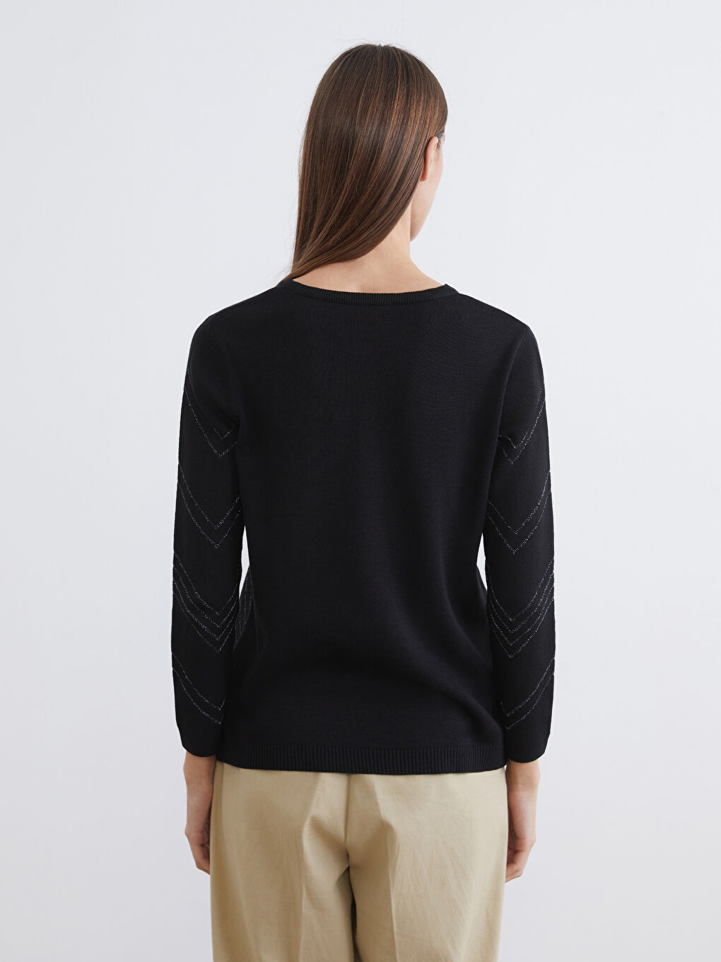 Siyah Bisiklet Yaka Desenli Kadın Triko Kazak-3