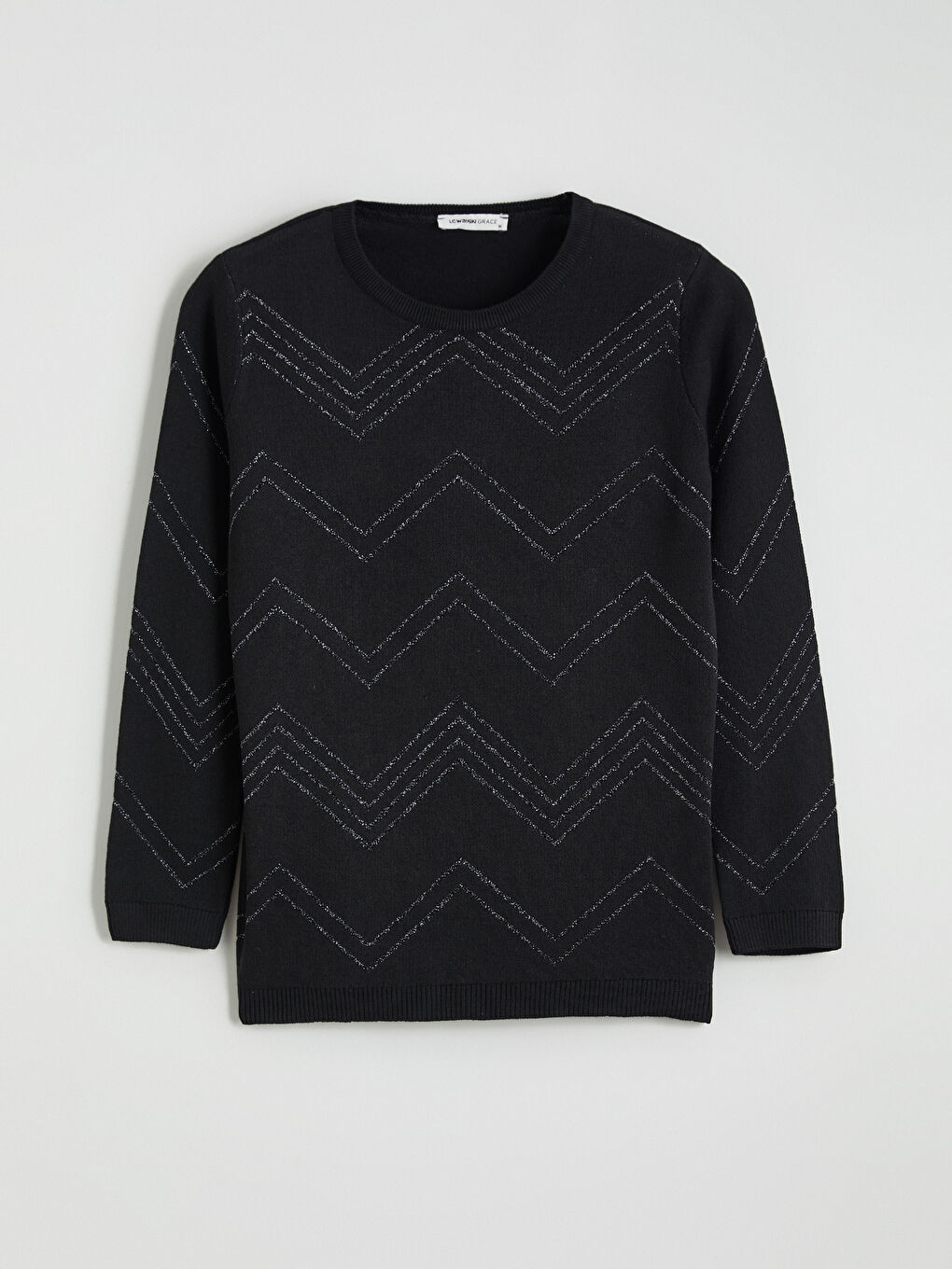 Siyah Bisiklet Yaka Desenli Kadın Triko Kazak-4