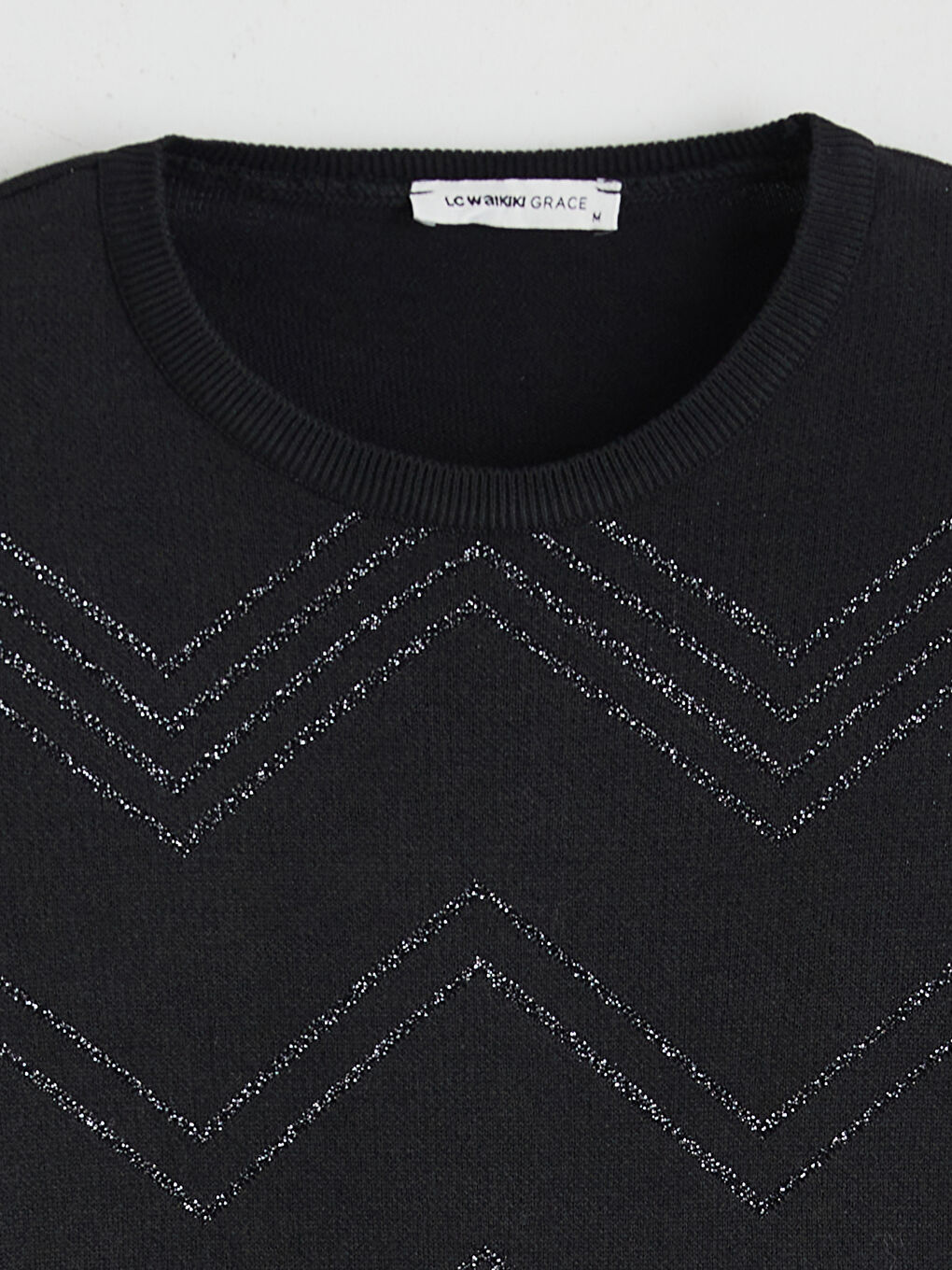 Siyah Bisiklet Yaka Desenli Kadın Triko Kazak-5