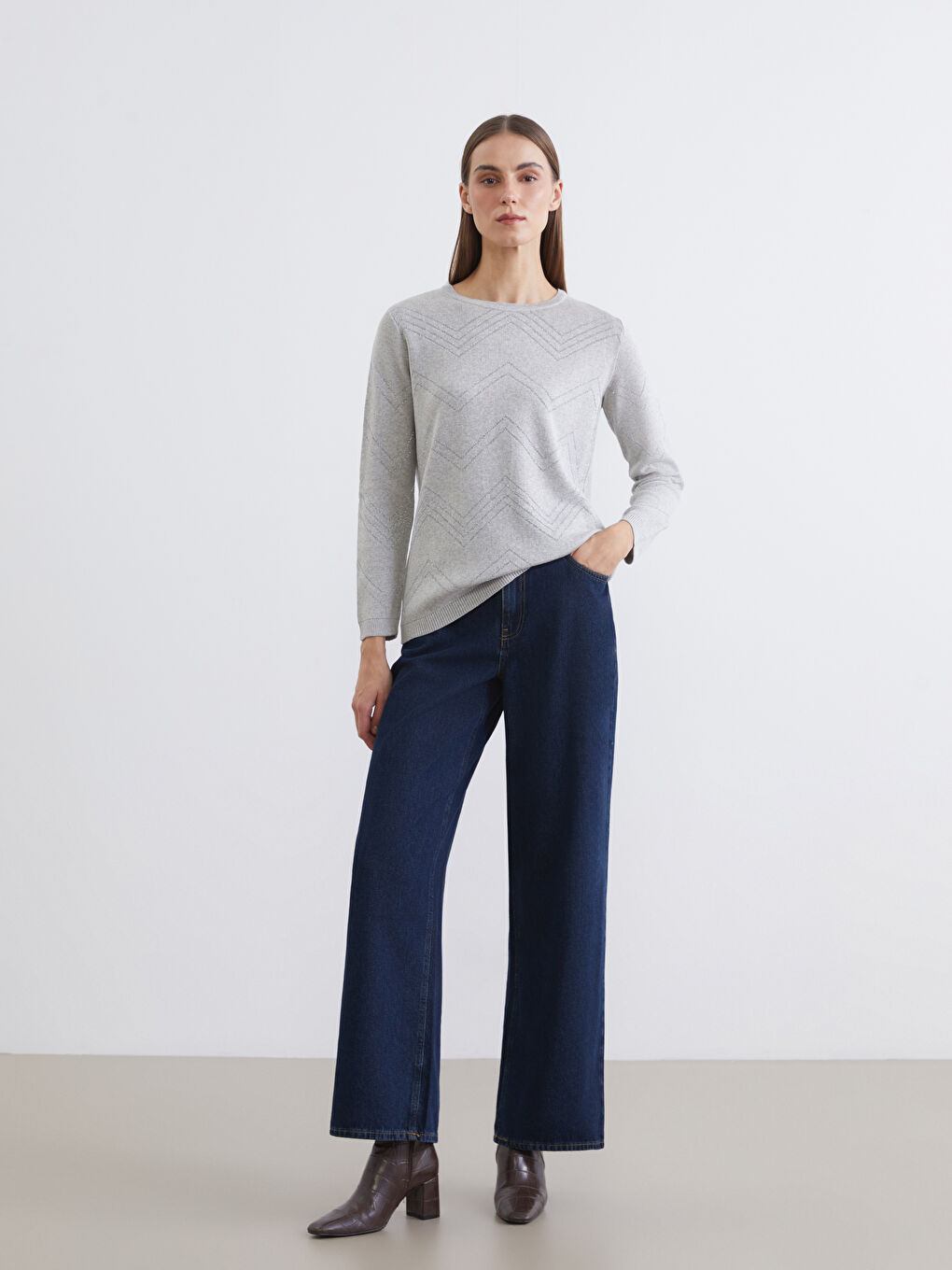 Bisiklet Yaka Desenli Kadın Triko Kazak-1