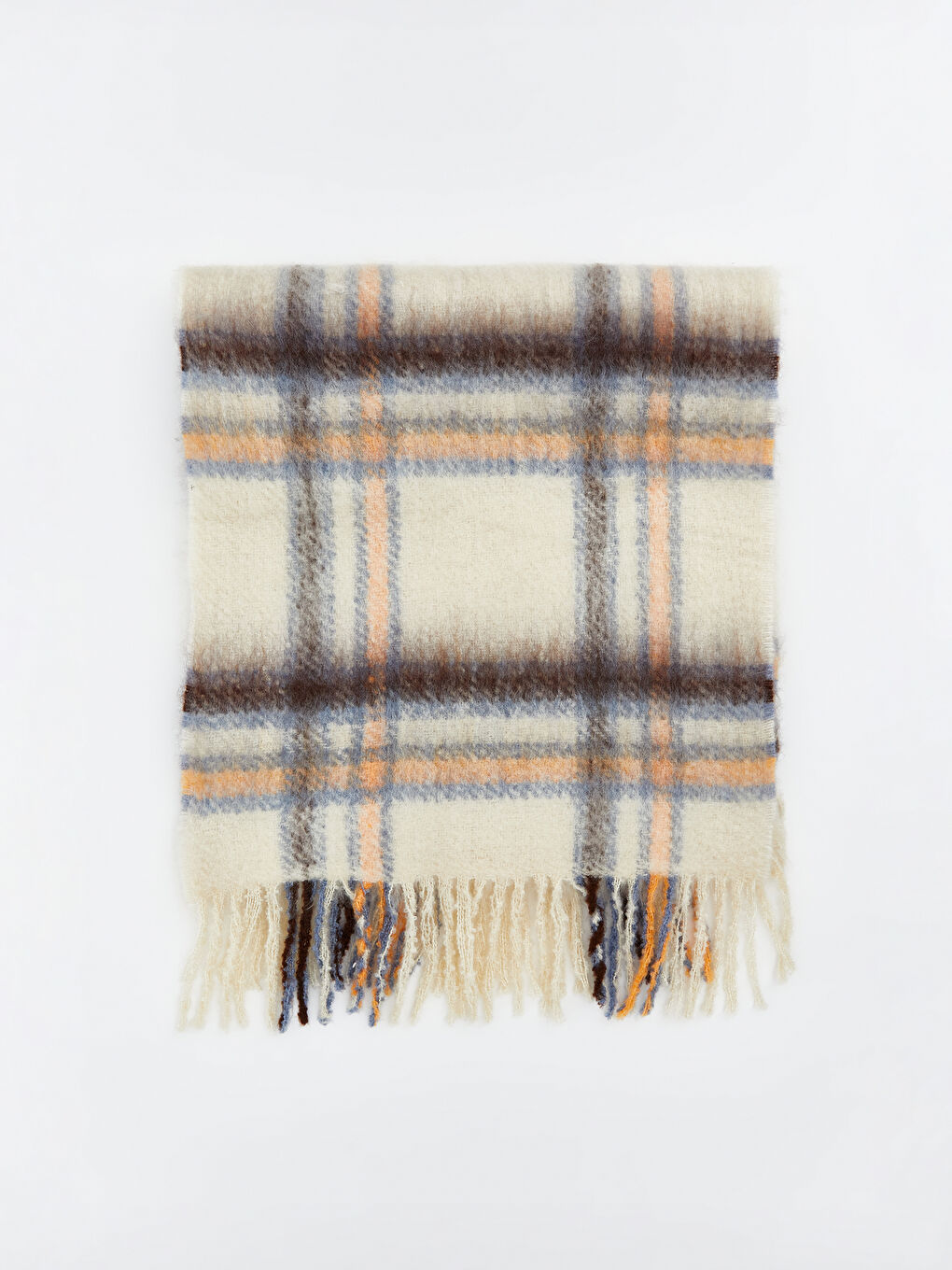 Turuncu Püskül Detaylı Ekose Desenli Kadın Atkı-1