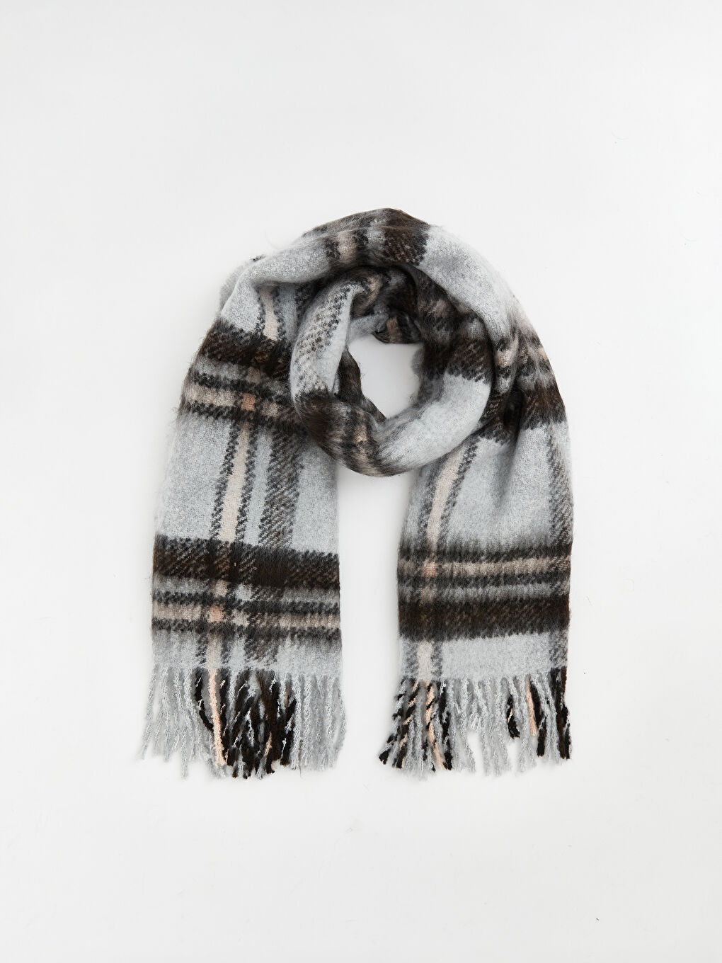 Pembe Püskül Detaylı Ekose Desenli Kadın Atkı