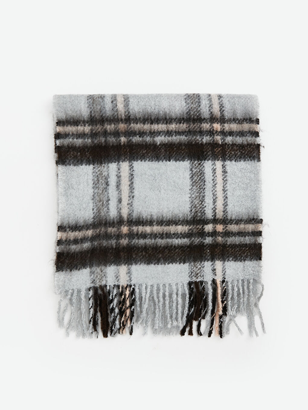 Pembe Püskül Detaylı Ekose Desenli Kadın Atkı-1