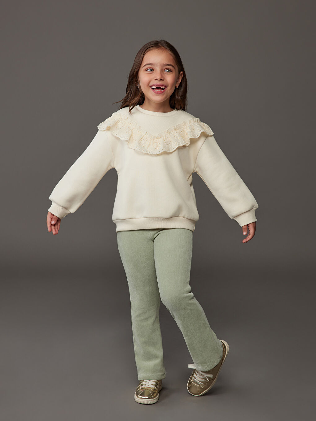 Yeşil Beli Lastikli İspanyol Paça Kadife Kız Çocuk Tayt