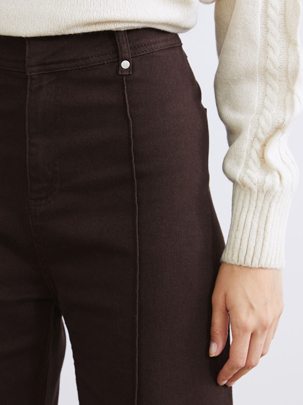 Kahverengi Dar Fit Geniş Paça Kadın Pantolon-2