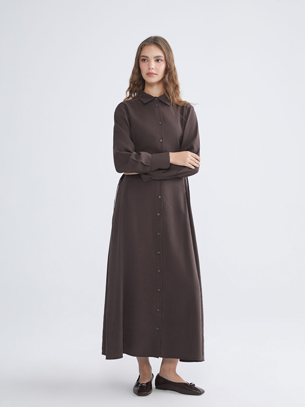 Kahverengi Modal Karışımlı Gömlek Elbise