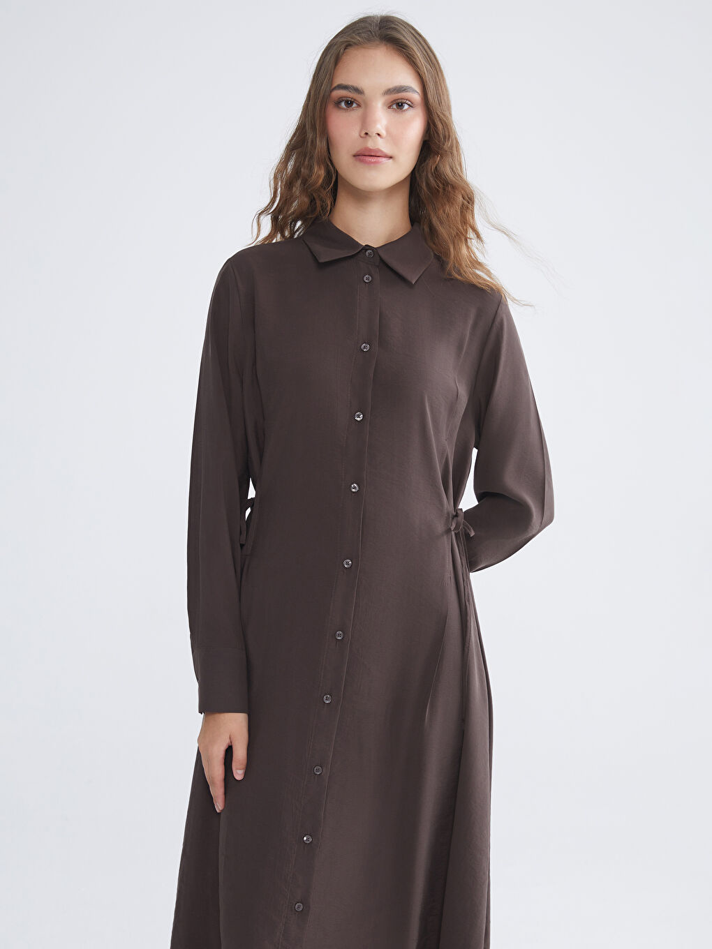 Kahverengi Modal Karışımlı Gömlek Elbise-1