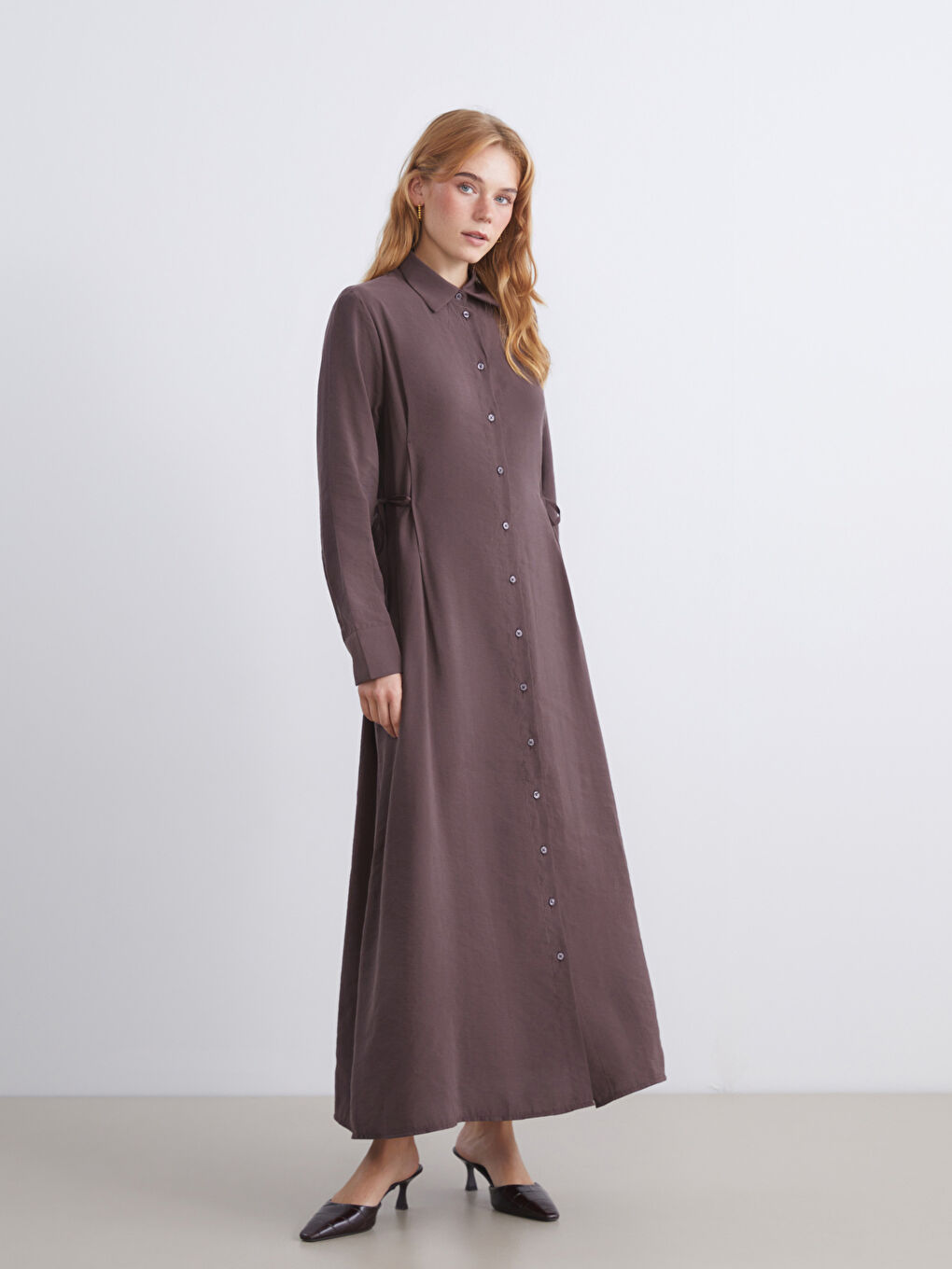 Kahverengi Modal Karışımlı Gömlek Elbise