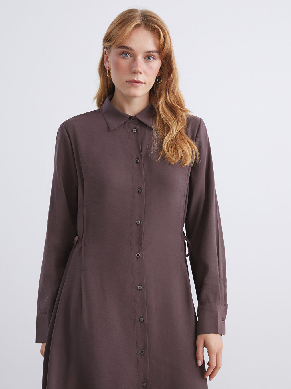 Kahverengi Modal Karışımlı Gömlek Elbise-1
