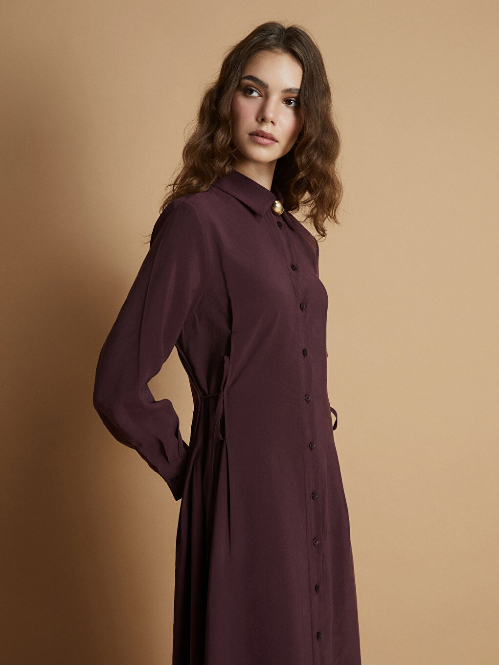 Mürdüm Modal Karışımlı Gömlek Elbise-1