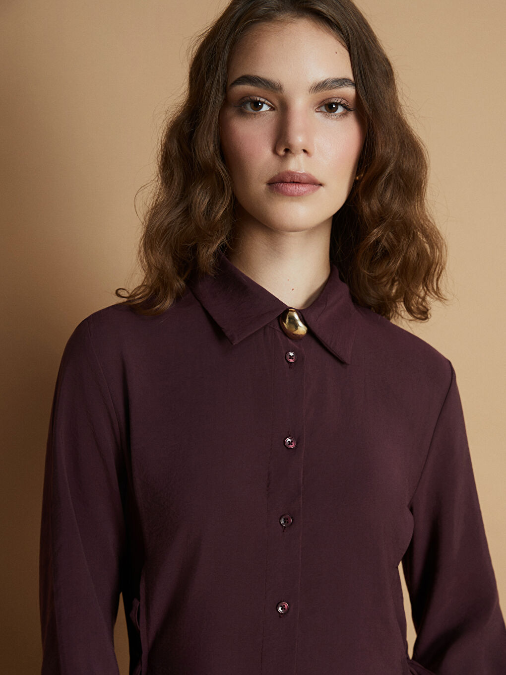 Mürdüm Modal Karışımlı Gömlek Elbise-2