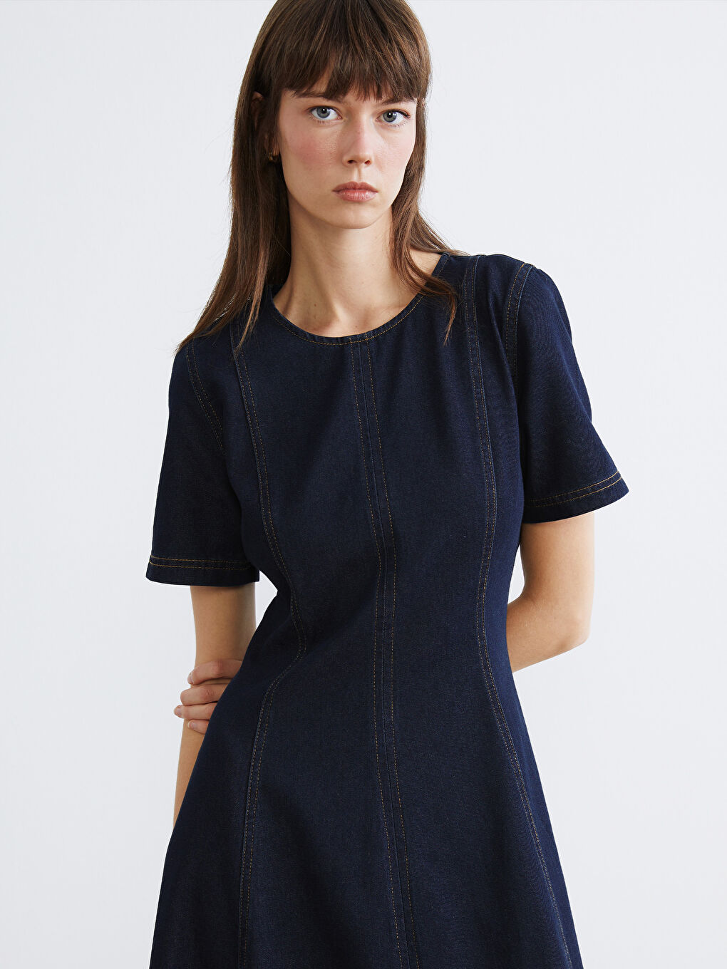 İndigo Bisiklet Yaka A Kesim Jean Elbise-1