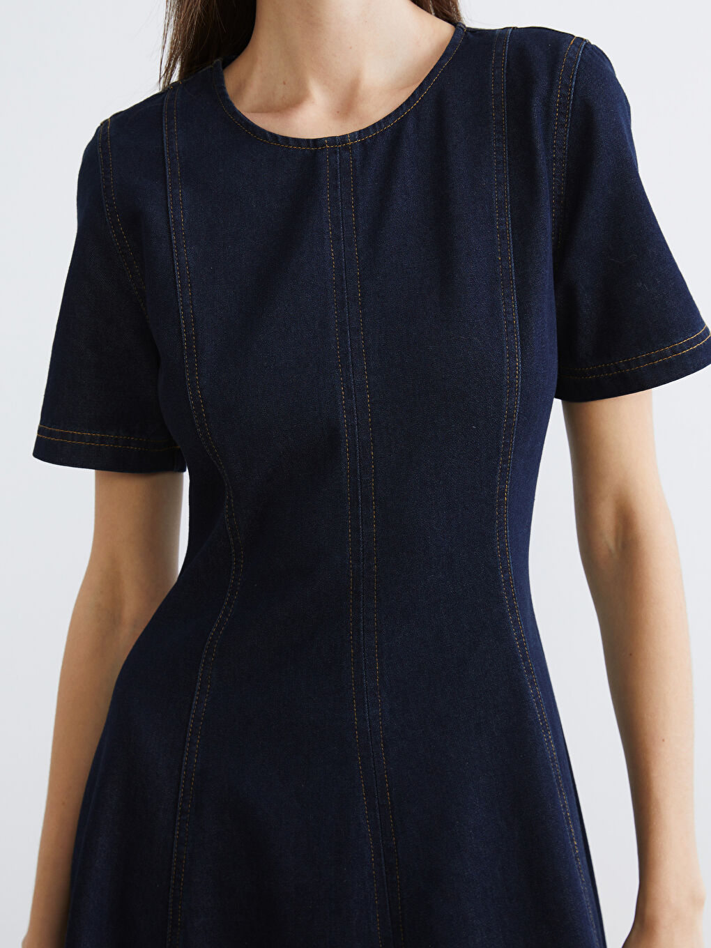 İndigo Bisiklet Yaka A Kesim Jean Elbise-2