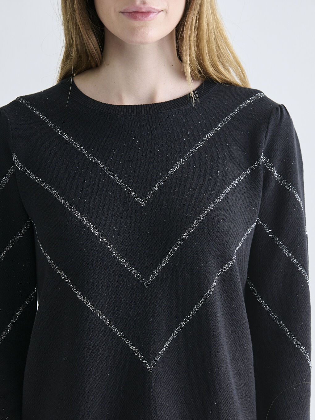 Пуловер с кръгло деколте и райе за жени от трико-2