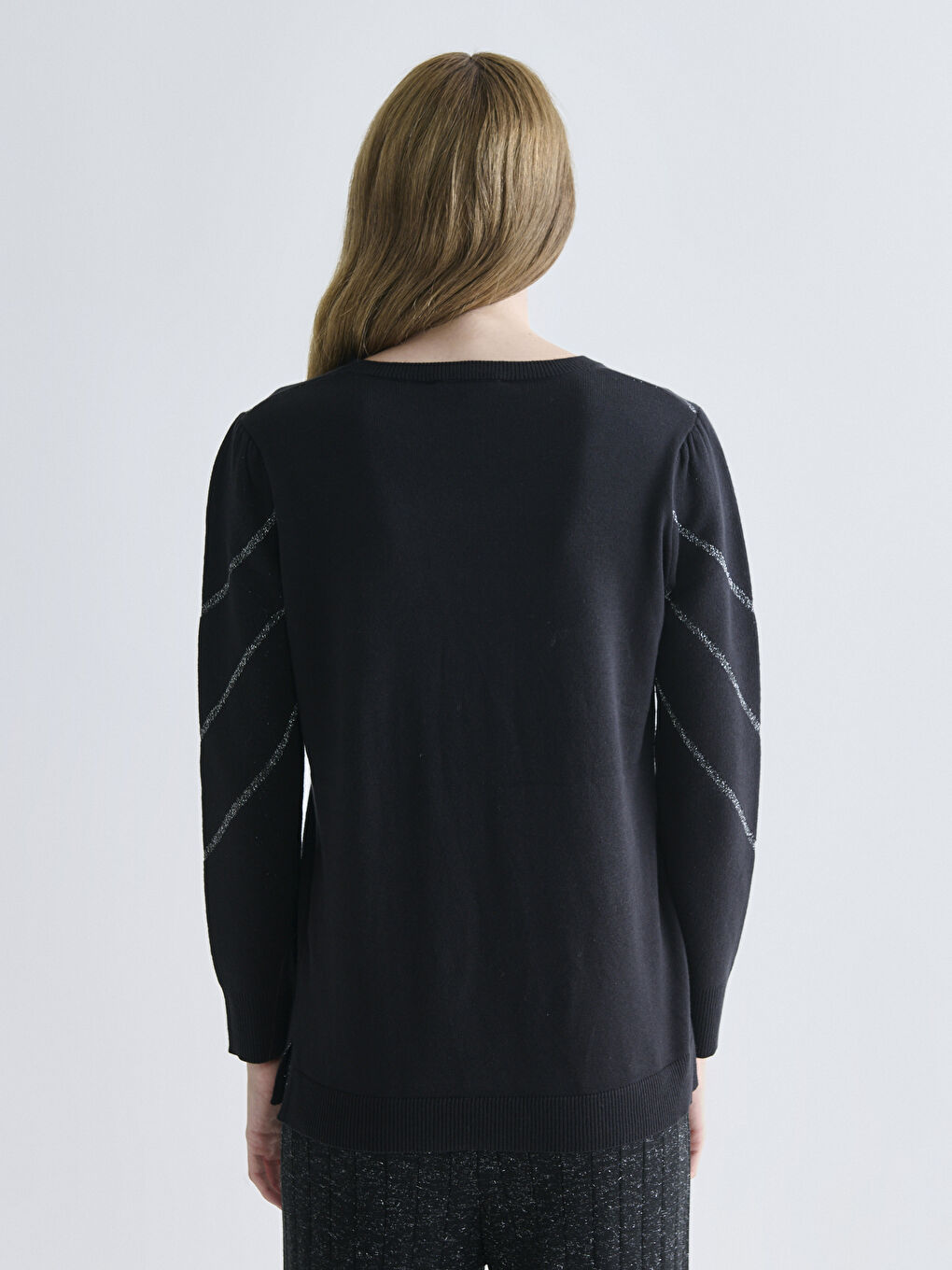 Пуловер с кръгло деколте и райе за жени от трико-3