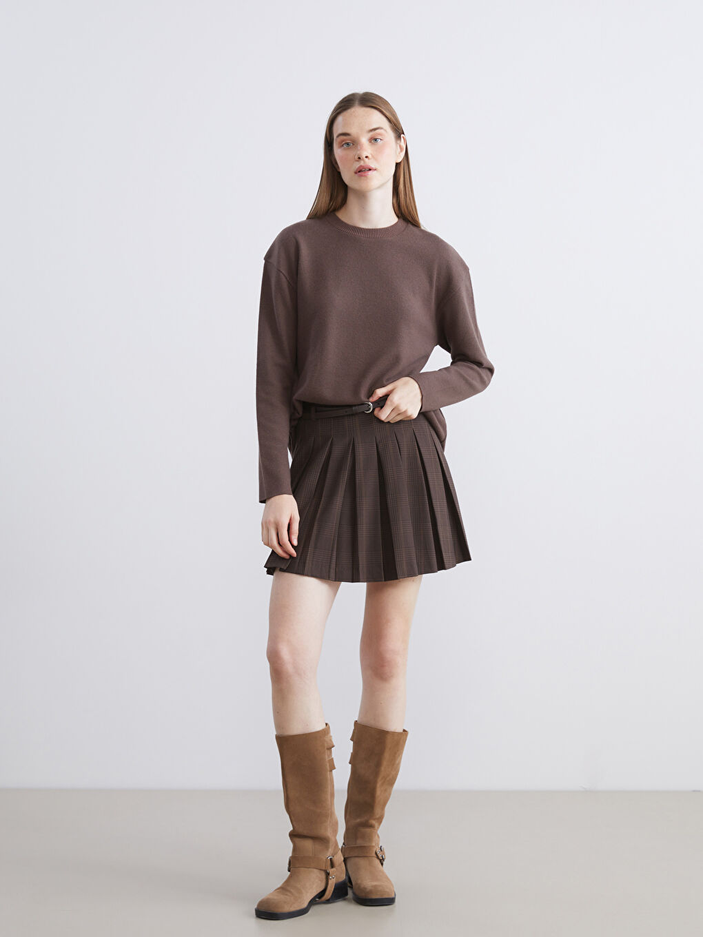 Kahverengi Beli Kemerli Ekose Pileli Mini Etek-1