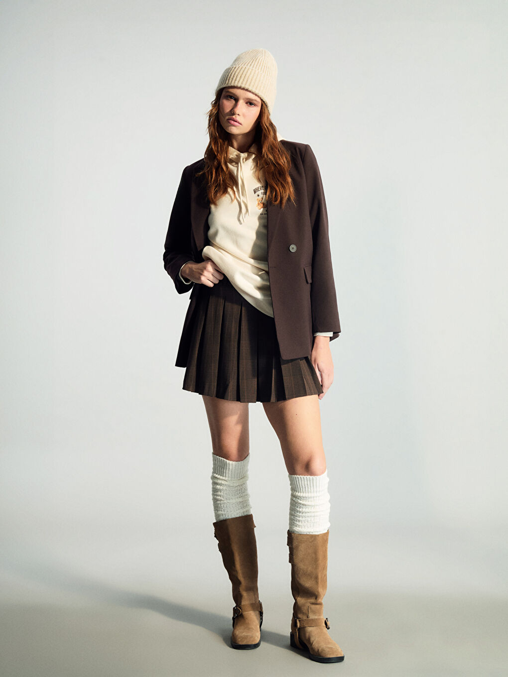 Kahverengi Beli Kemerli Ekose Pileli Mini Etek