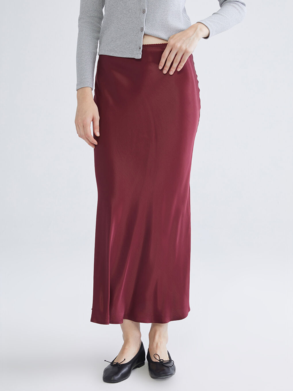 Bordo Beli Lastikli Volanlı Saten Etek-1