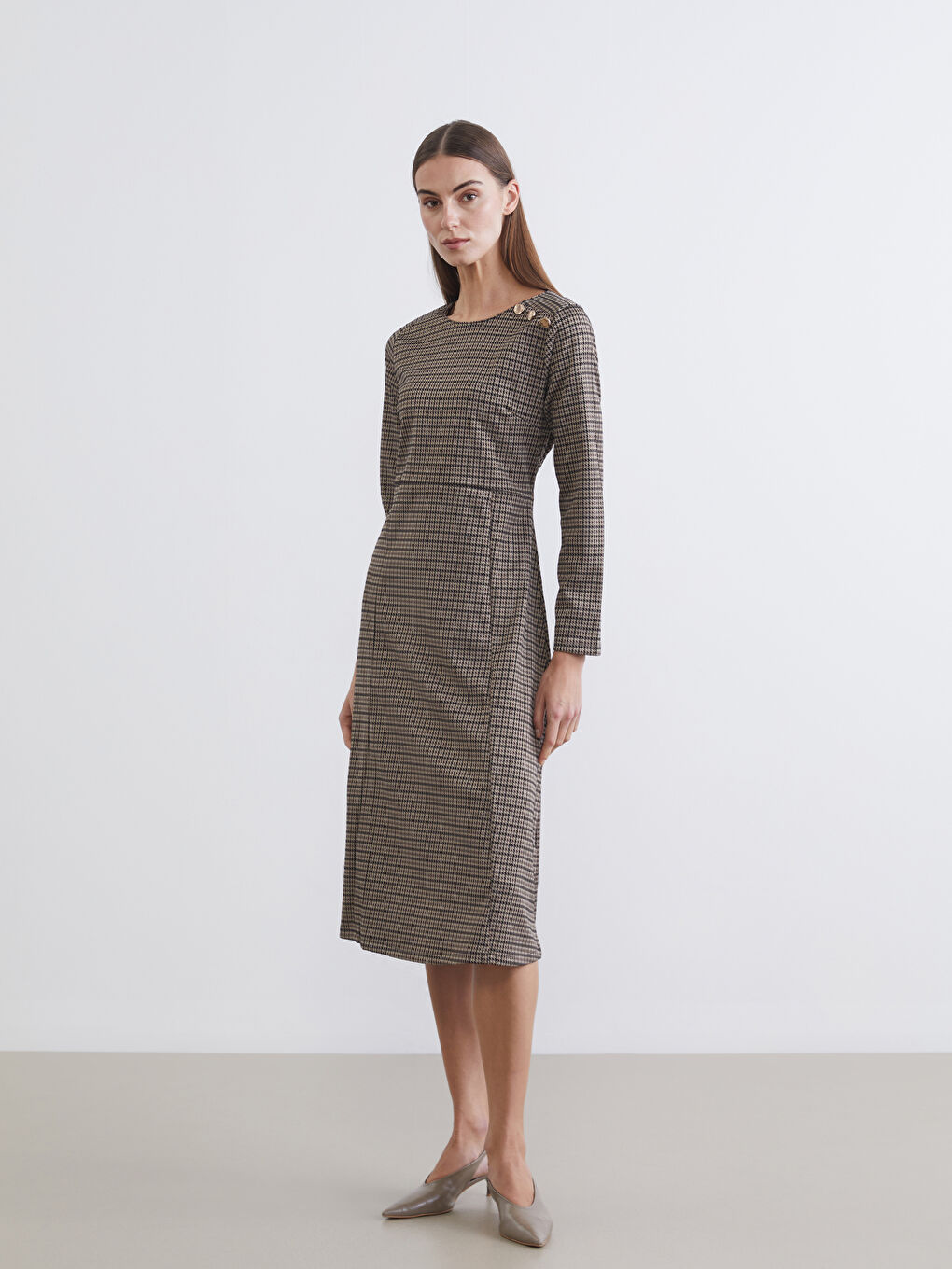 Crew Neck Houndstooth Dress