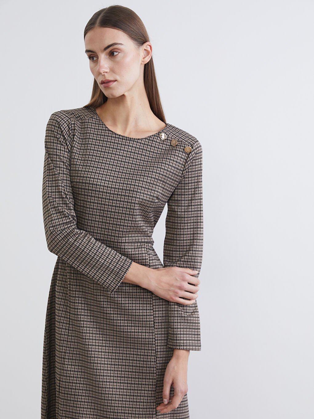 Crew Neck Houndstooth Dress-1