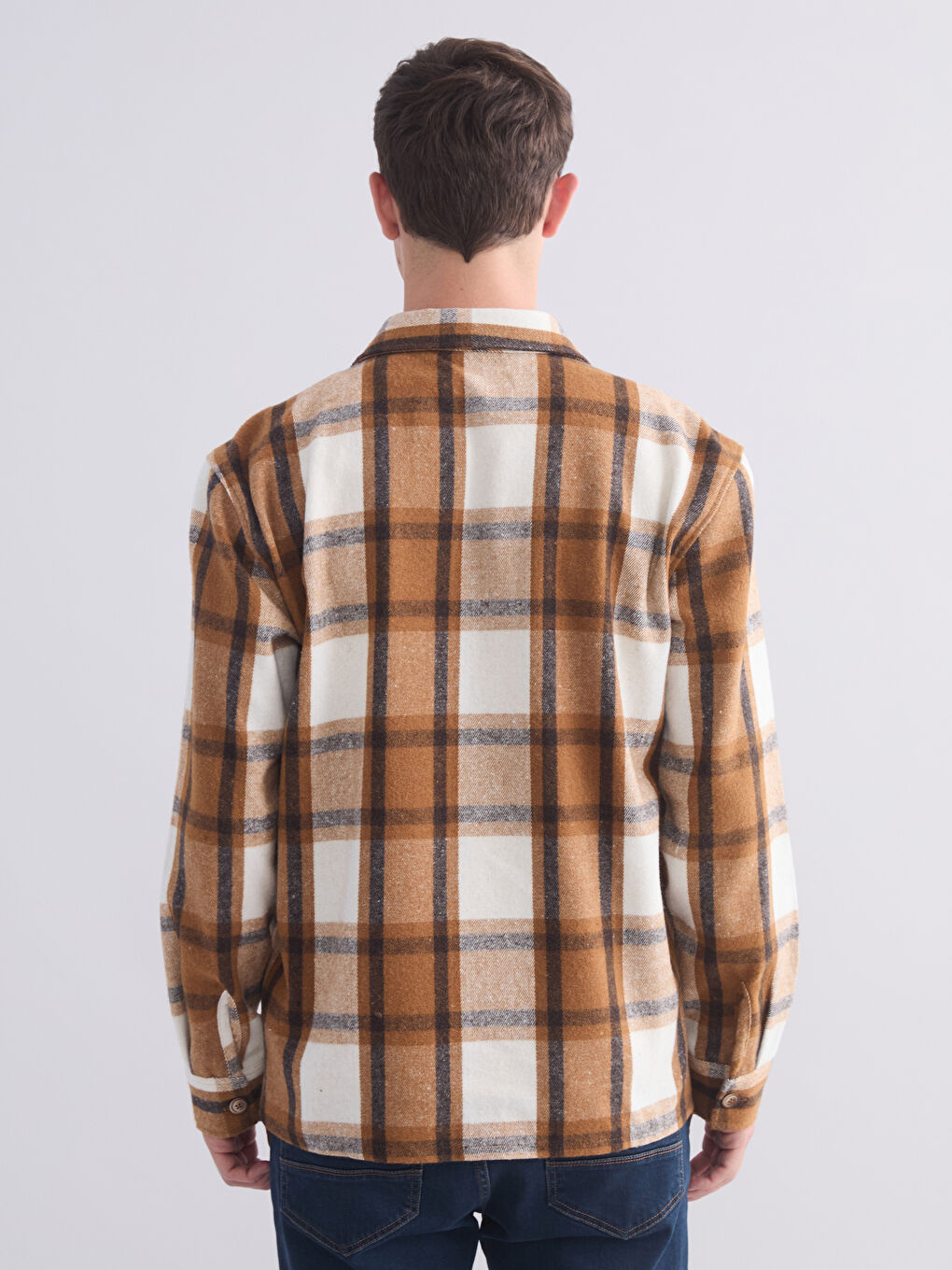 Kahverengi Regular Fit Uzun Kollu Ekose Erkek Gömlek Ceket-3