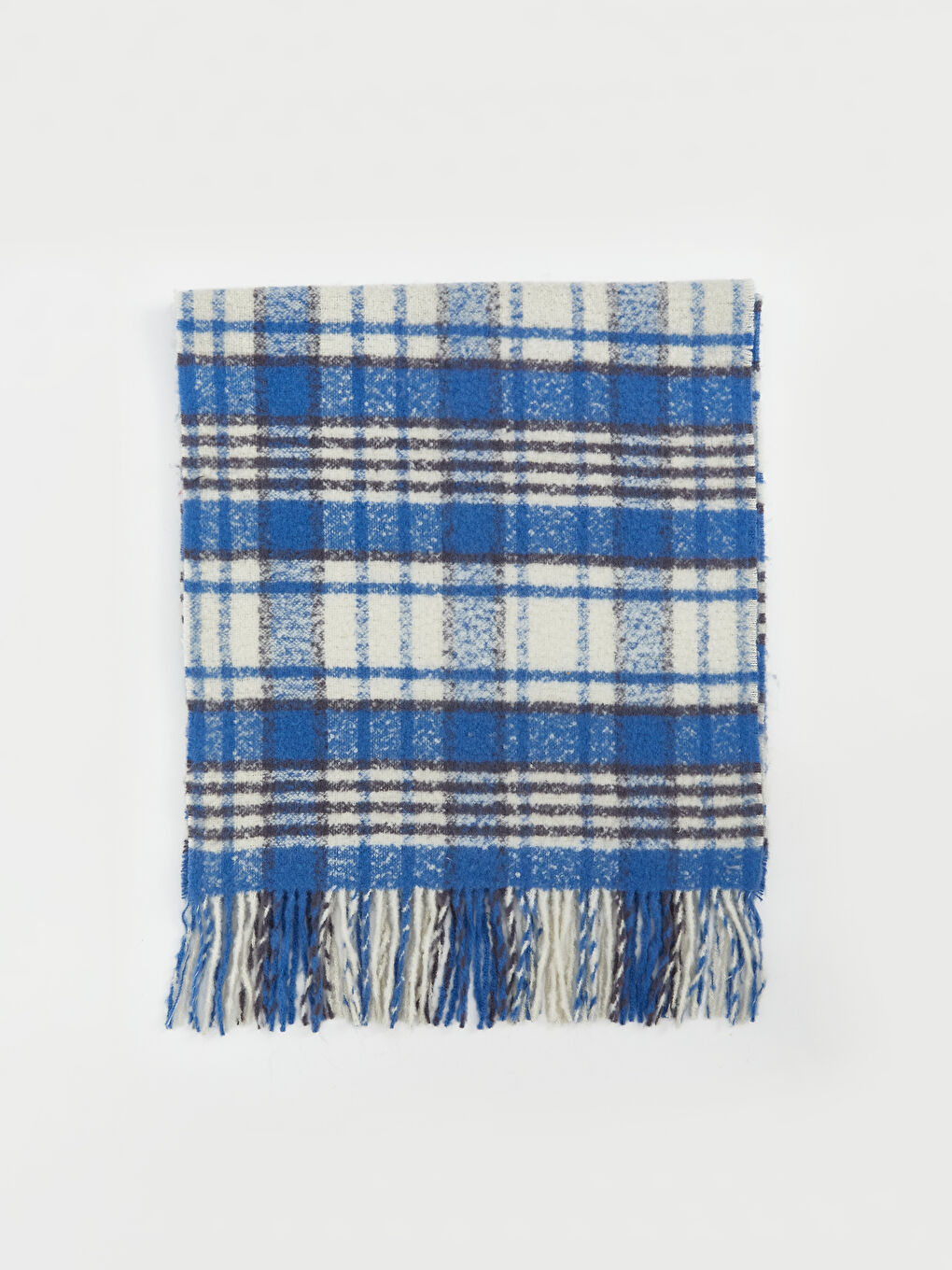 Lacivert Ekose Desenli Kısa Püsküllü Kadın Atkı-1