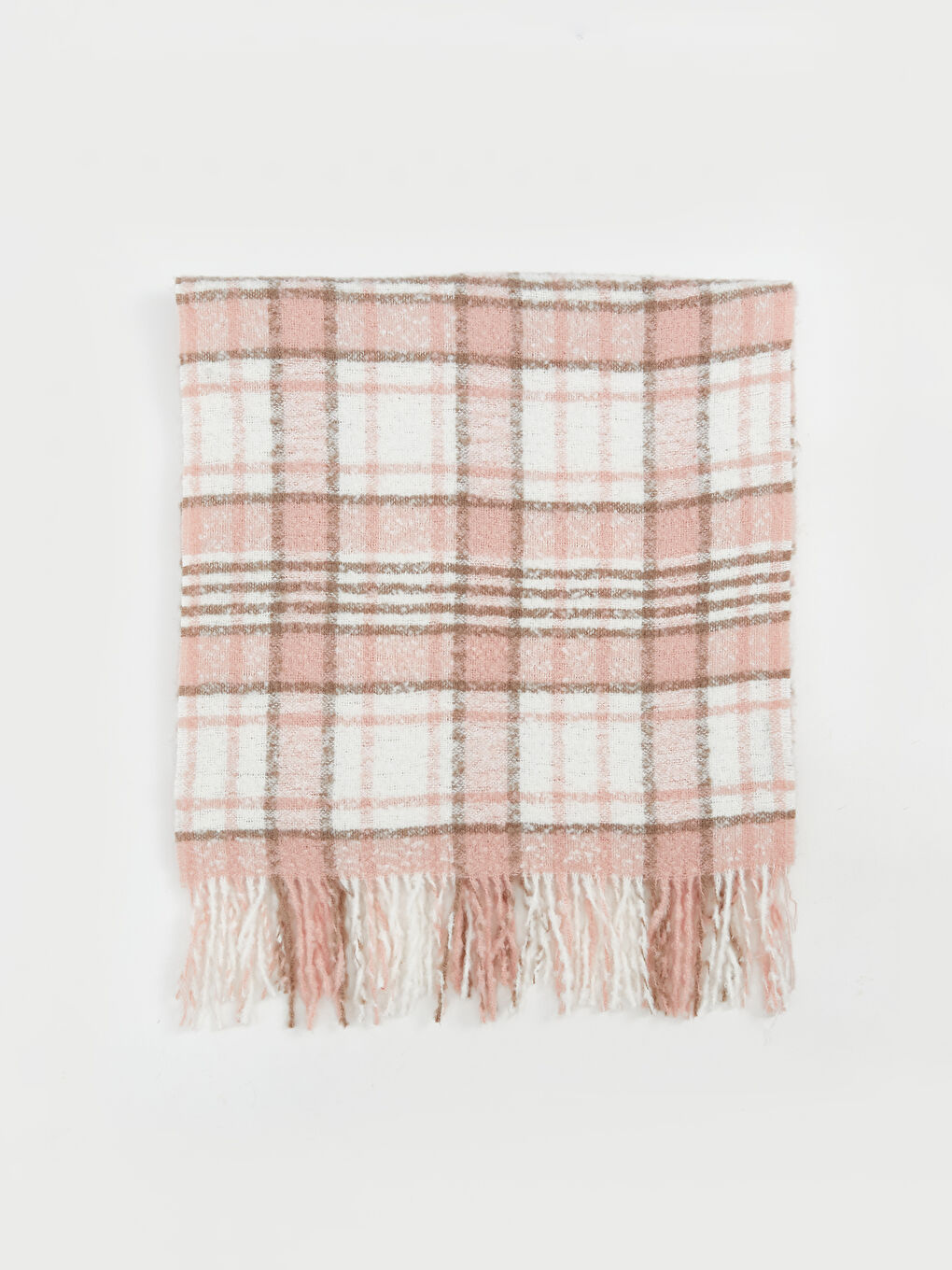 Pembe Ekose Desenli Kısa Püsküllü Kadın Atkı-1