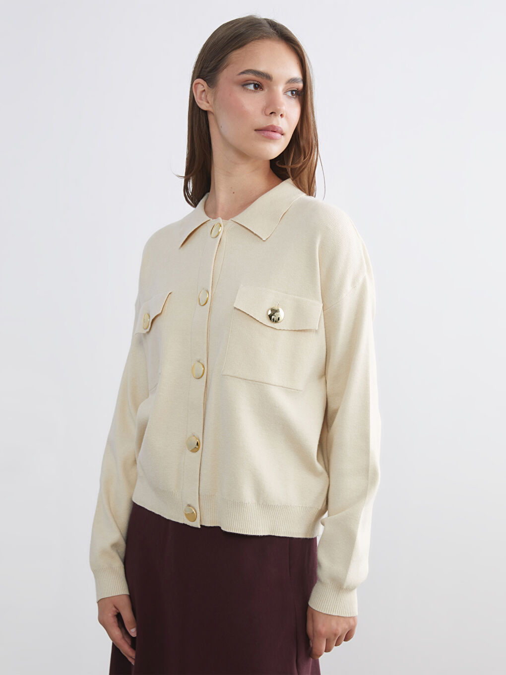 Collared Neck Women's Knitwear Cardigan