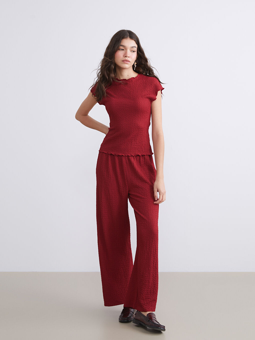 Elasticated Waist Textured Wide Leg Women's Trousers