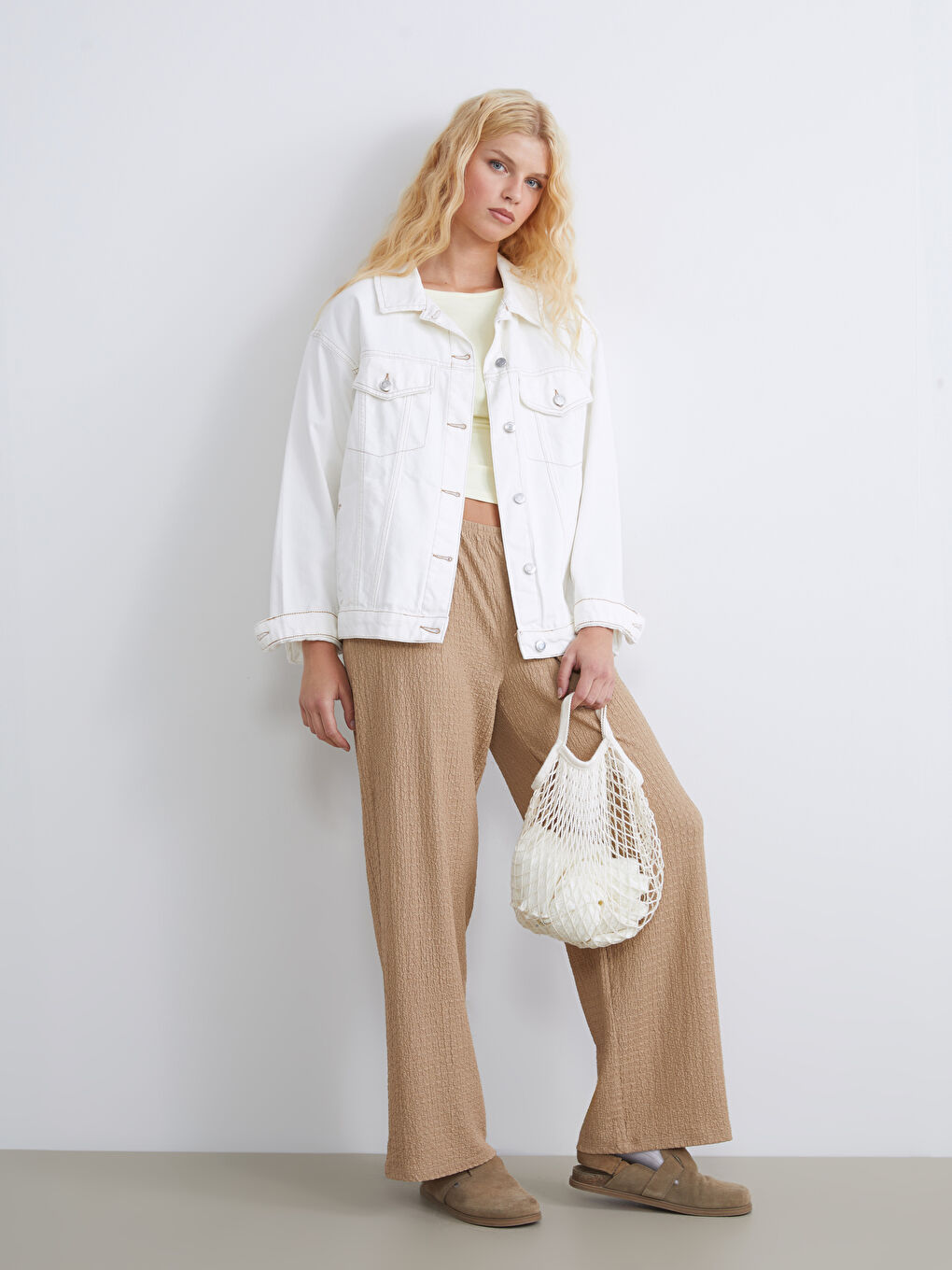 Elasticated Waist Textured Wide Leg Women's Trousers