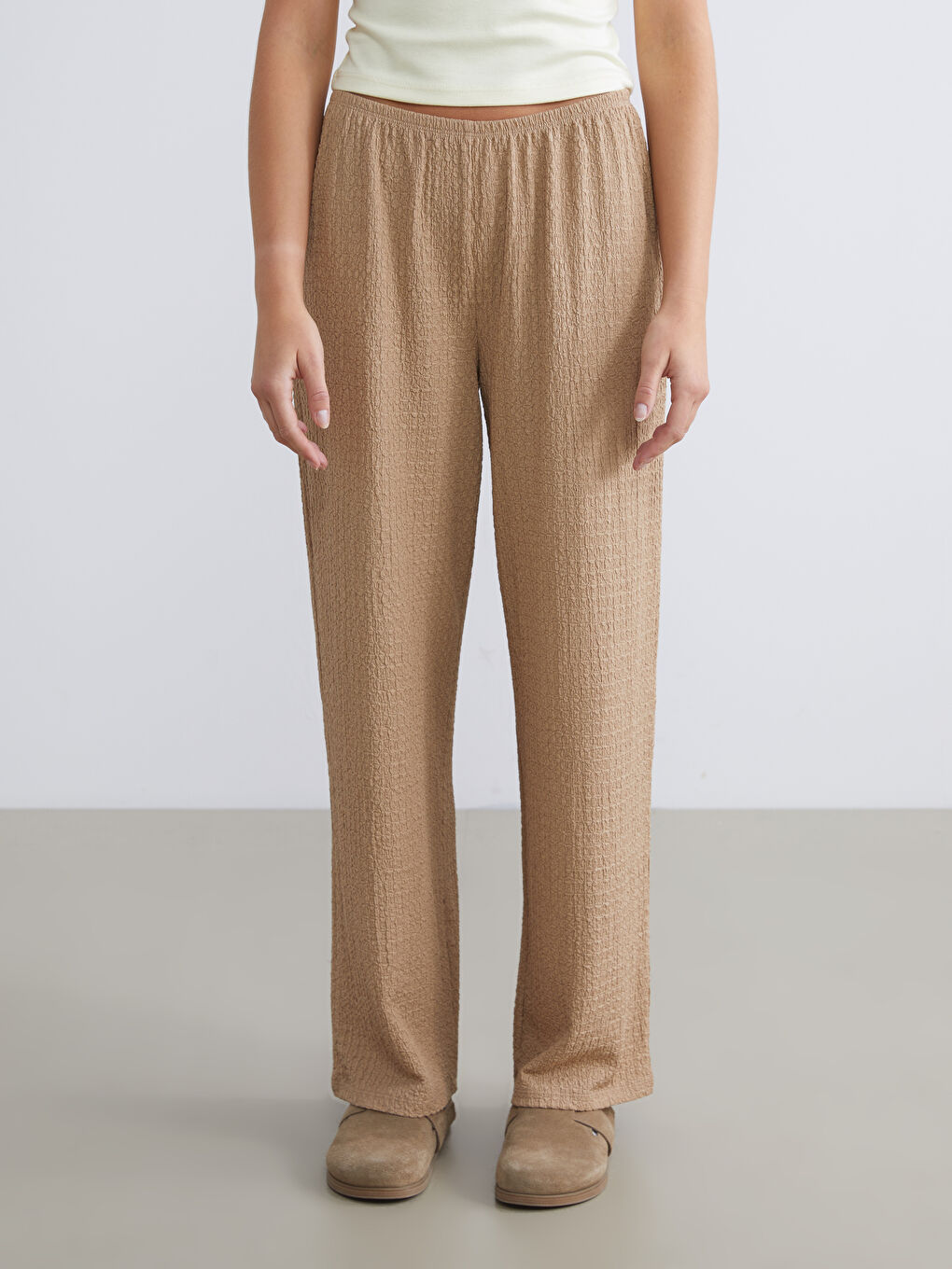 Elasticated Waist Textured Wide Leg Women's Trousers-1