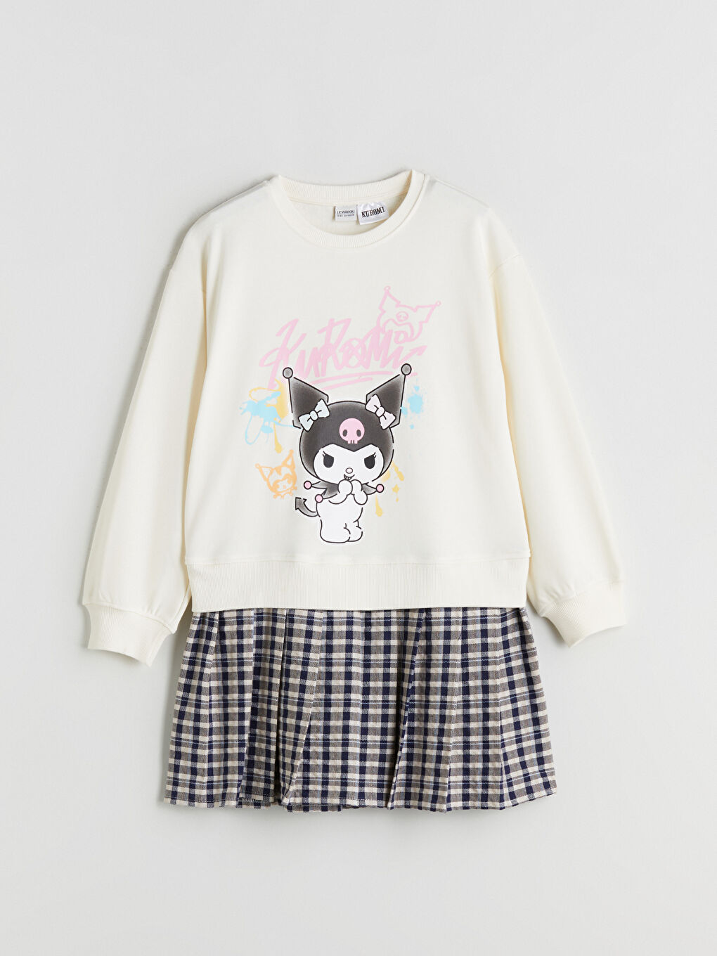 Ekru Bisiklet Yaka Kuromi Baskılı Kız Çocuk Elbise