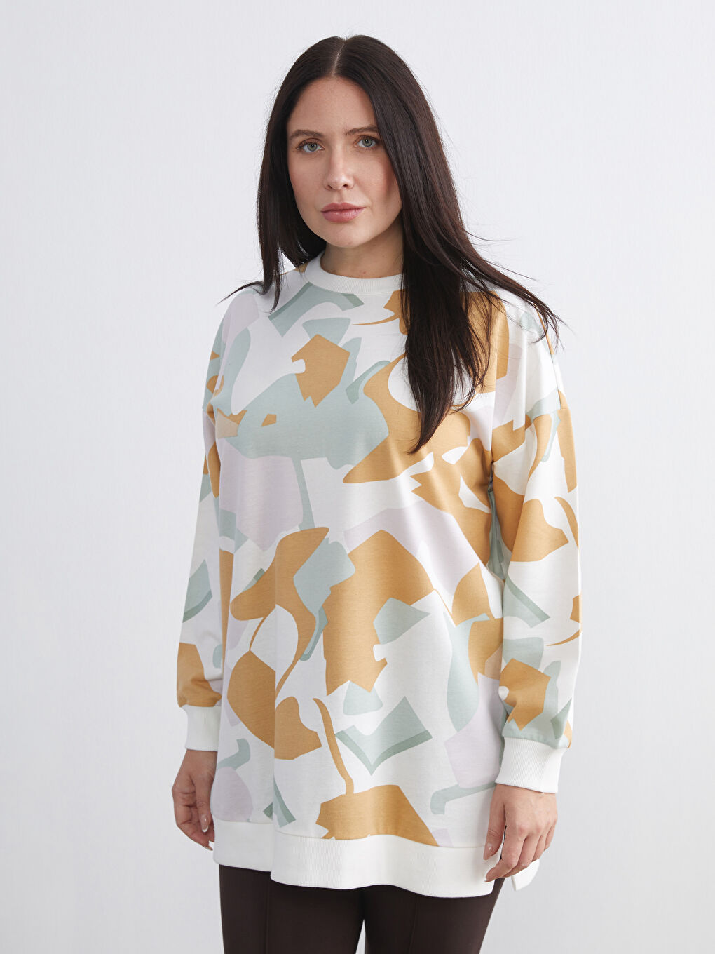 Karışık Büyük Beden Bisiklet Yaka Desenli Kadın Sweatshirt Tunik-1