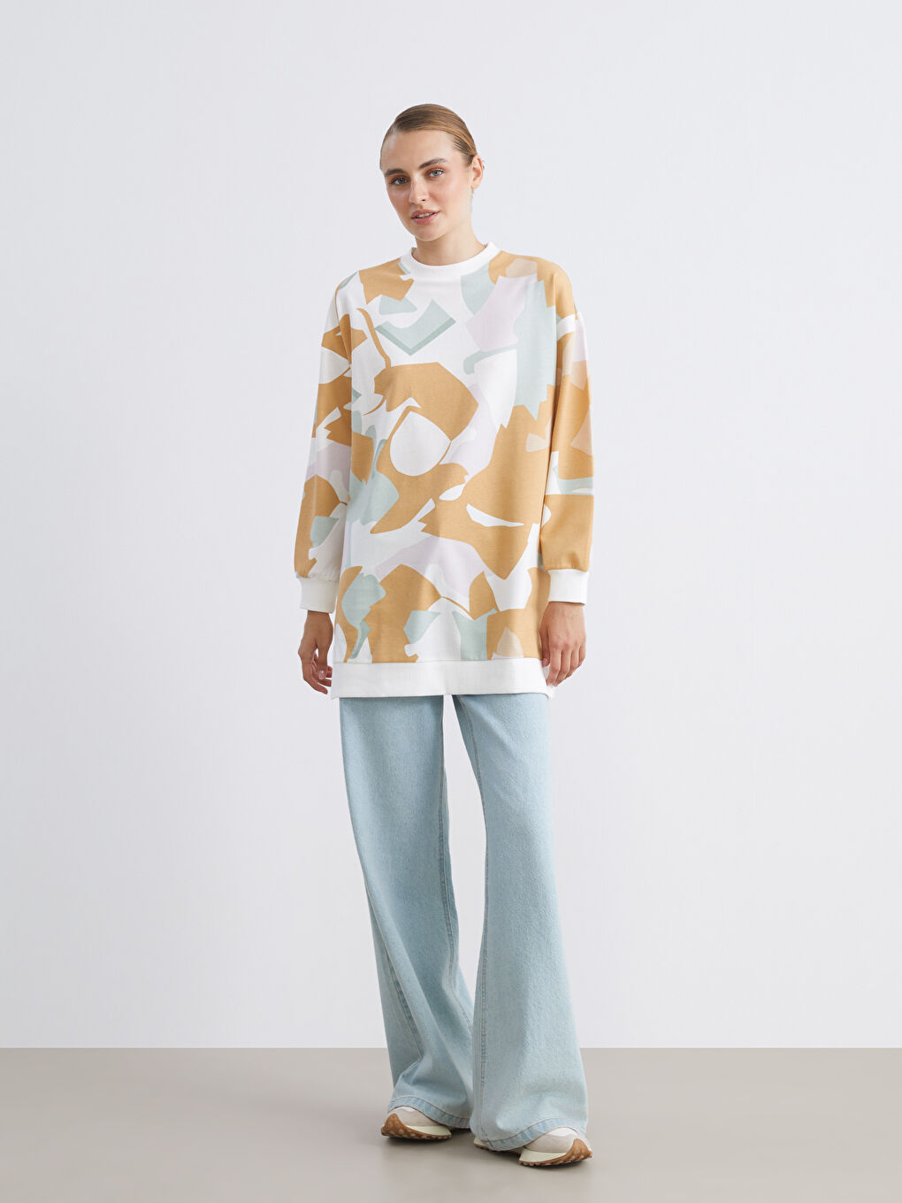 Karışık Büyük Beden Bisiklet Yaka Desenli Kadın Sweatshirt Tunik-2