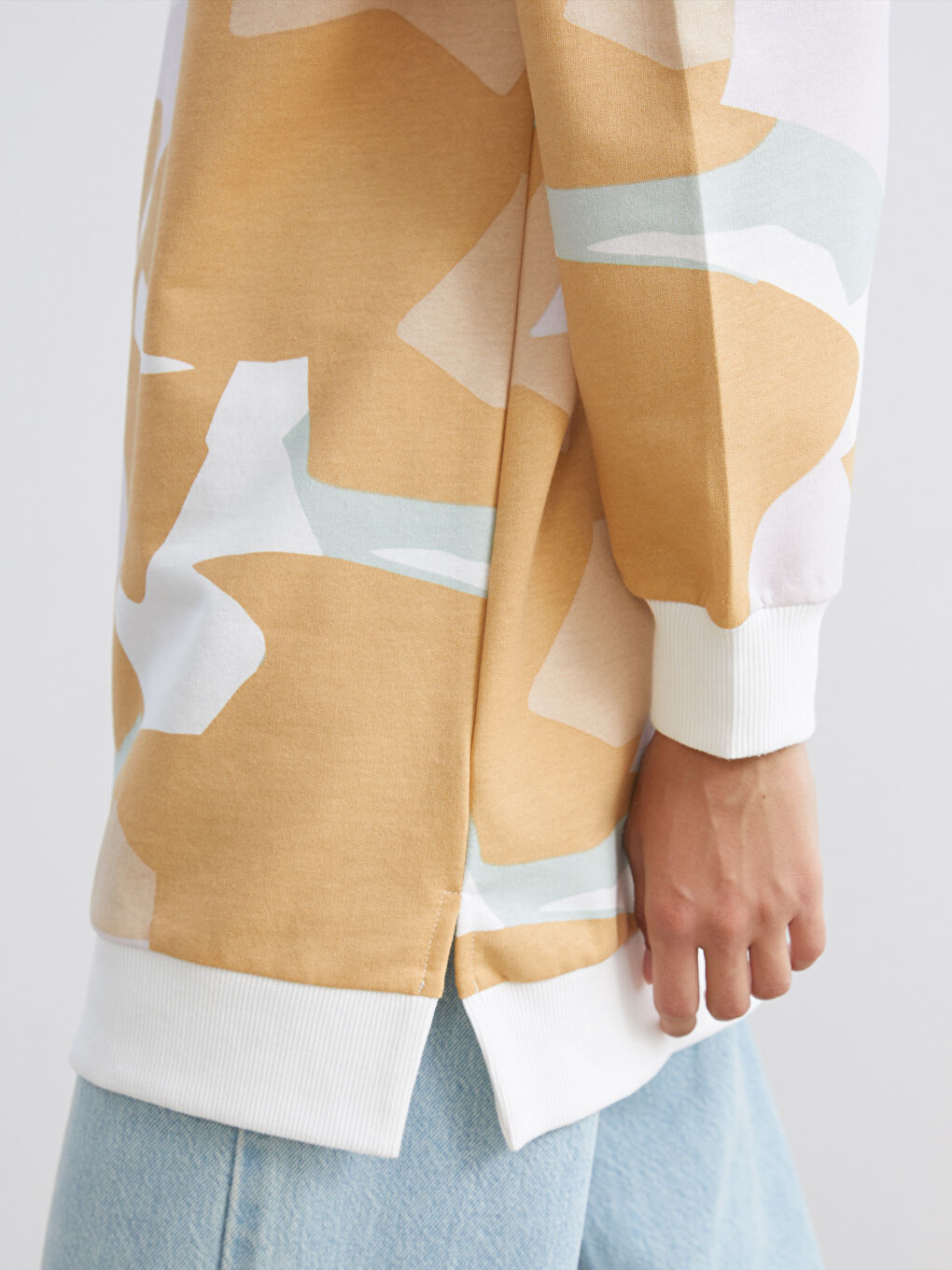 Karışık Büyük Beden Bisiklet Yaka Desenli Kadın Sweatshirt Tunik-3