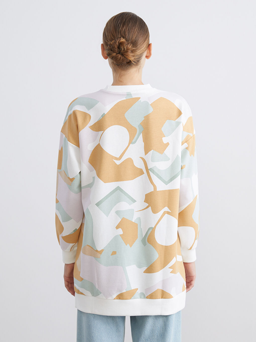 Karışık Büyük Beden Bisiklet Yaka Desenli Kadın Sweatshirt Tunik-4